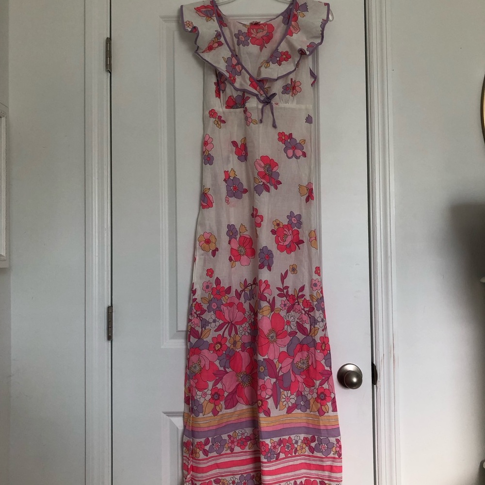 German Retro Pink and Purple Floral Print Maxi Dress